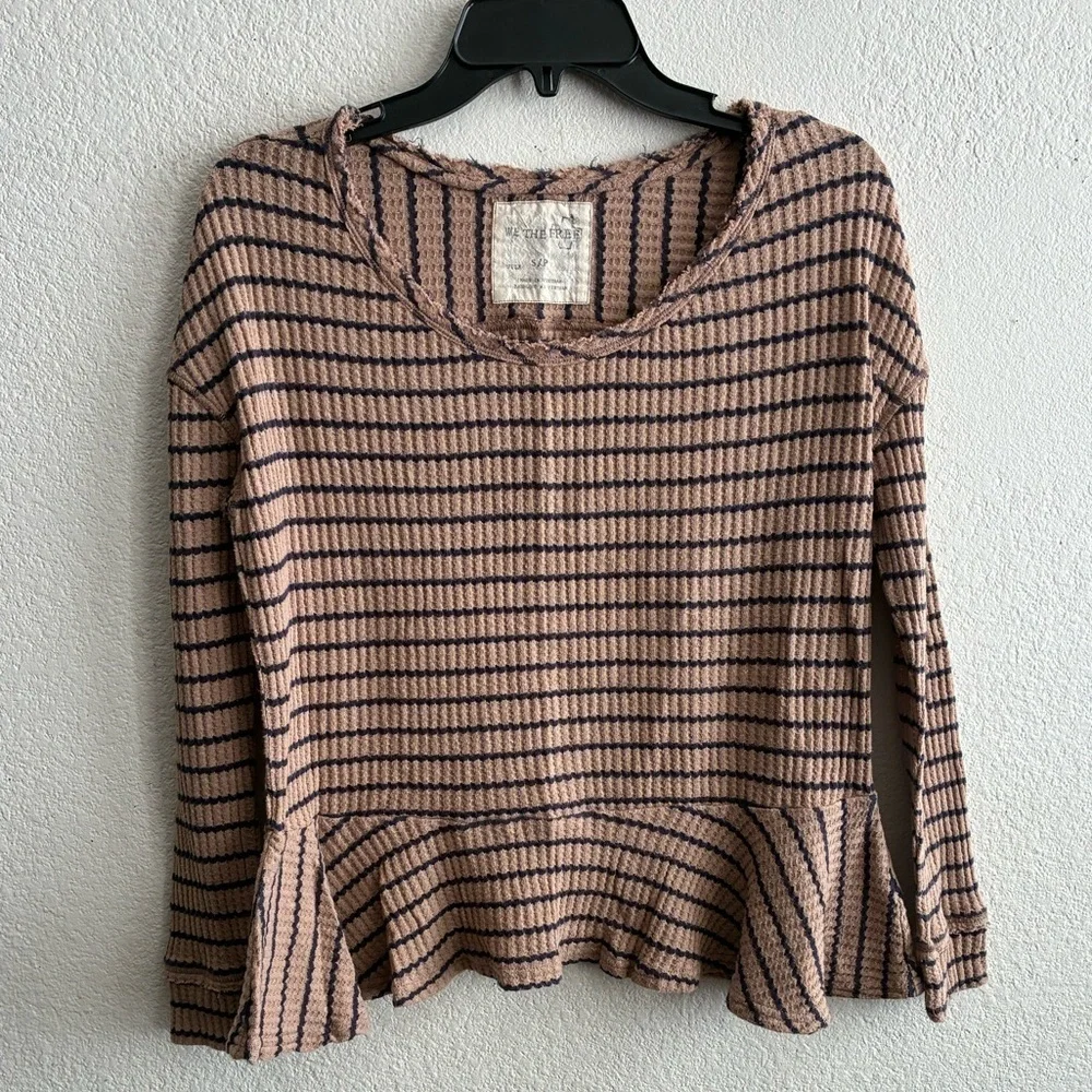 We The Free Auntie Em Brown and Black Striped Fringe Neck Peplum Sweater Top S